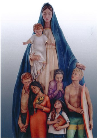 Religious illustration of a central figure holding a child, surrounded by a group of adults and children gathered beneath a protective cloak.